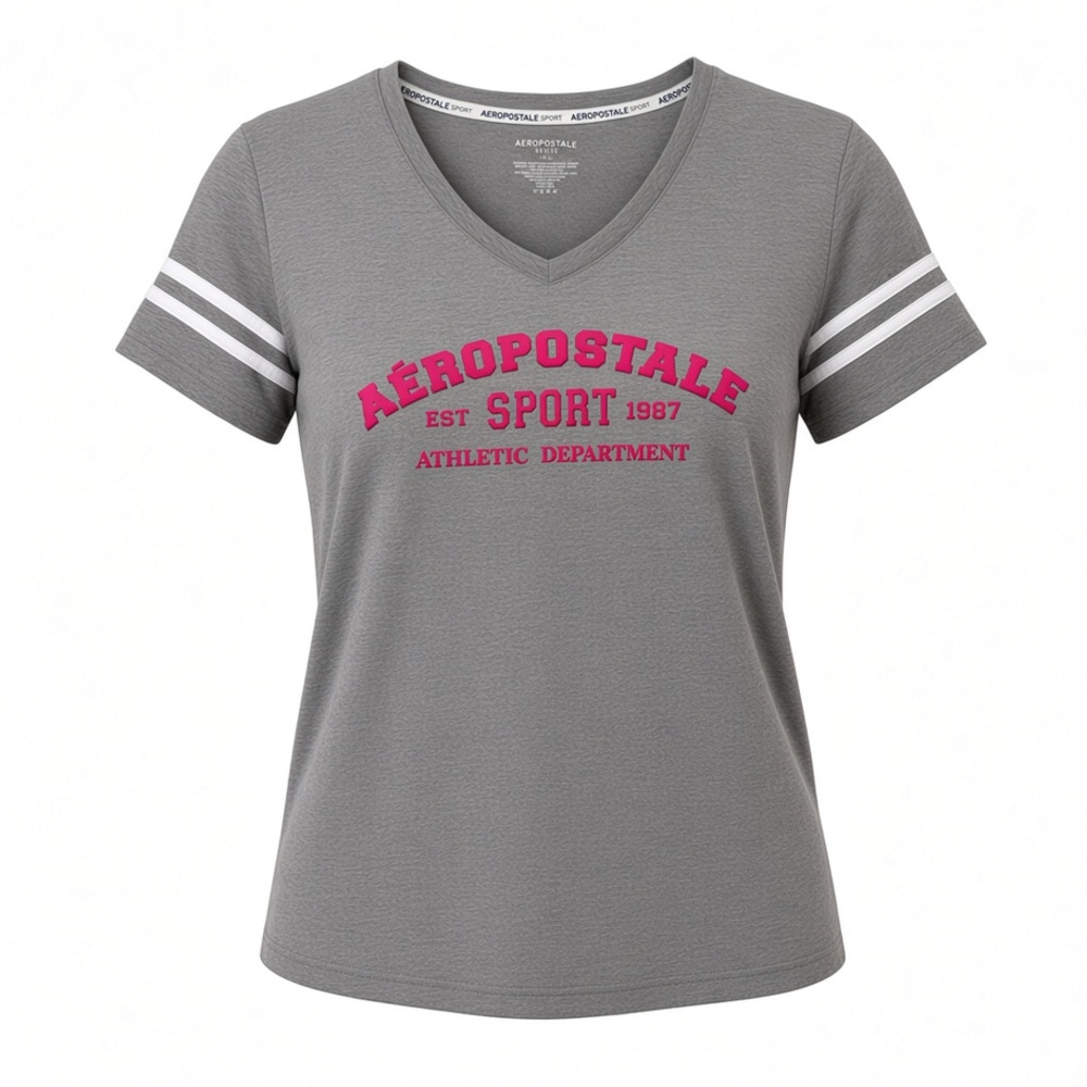 Aeropostale Sport Athletic Department V-Neck T-Shirt Gray Pink Striped Medium